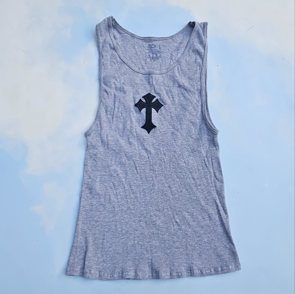 Grey Tank Top Goth Cross Chrome Hearts Looking Top - Picture 2 of 16